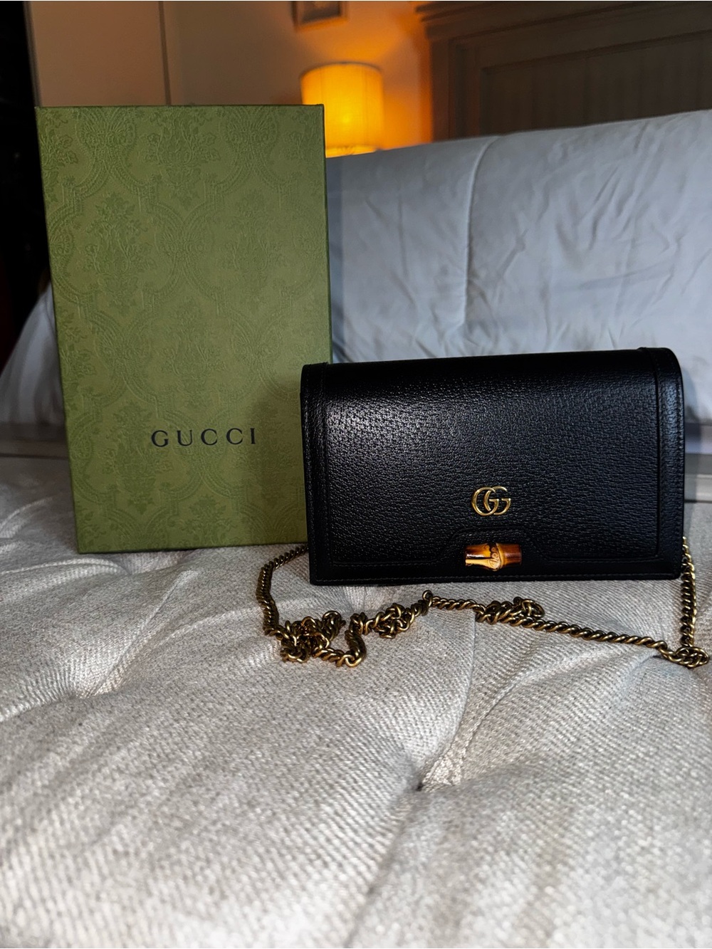 Gucci Black Leather Mini Crossbody with Gold GG and Chain